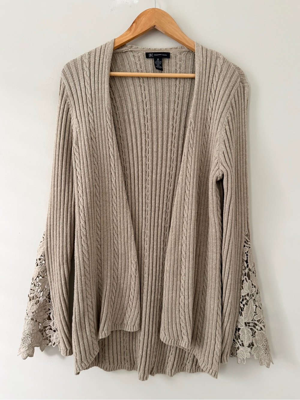 INC Cable Knit Open Front Cardigan Oatmeal Beige Lace Bell Sleeve Size M Boho
